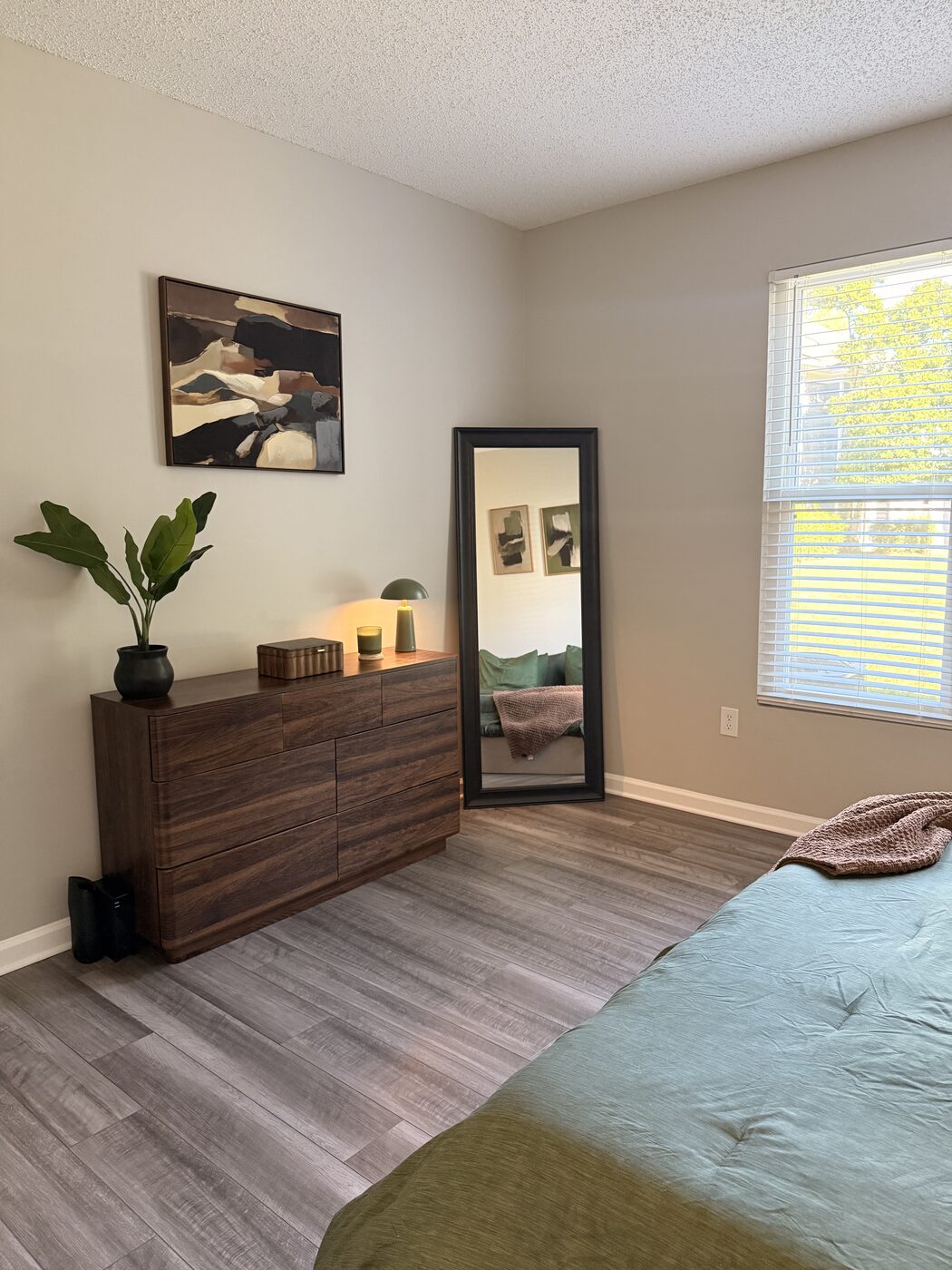 Bedroom dresser with full-length mirror and plant